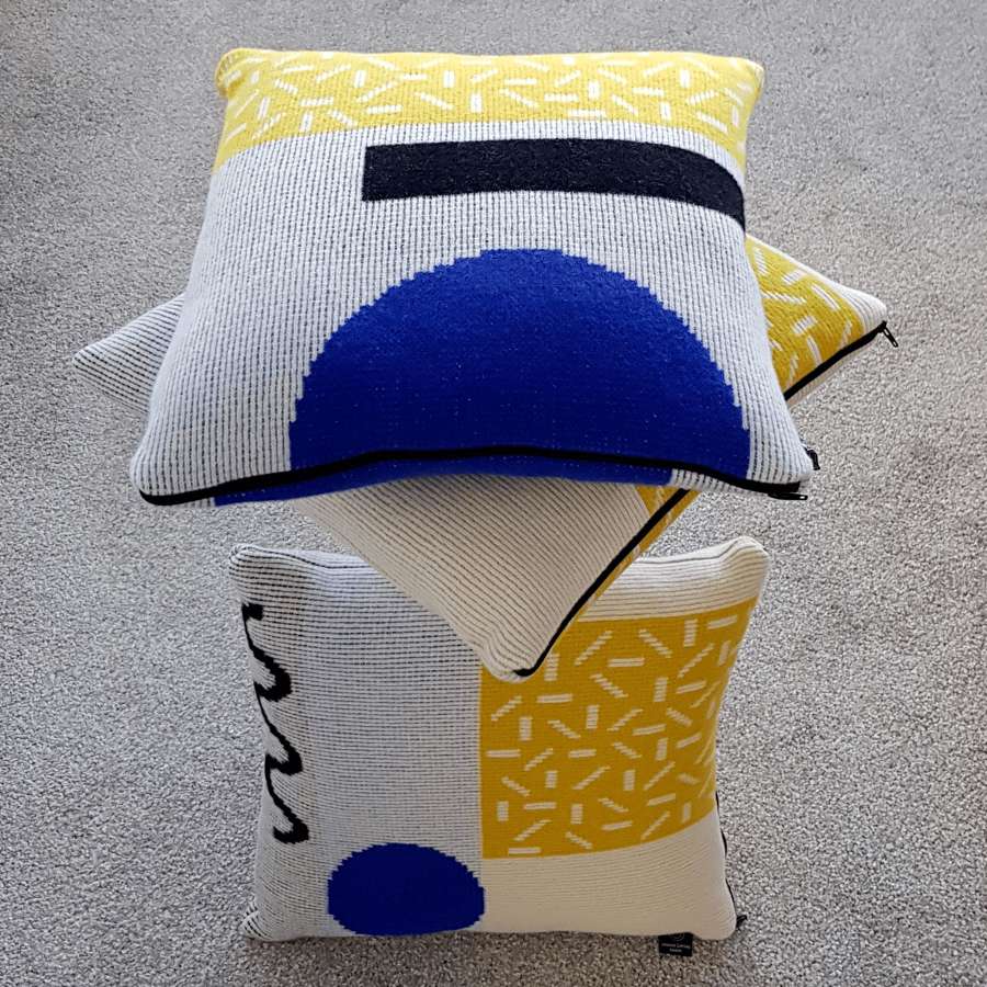Lambswool cushion - yellow and blue design