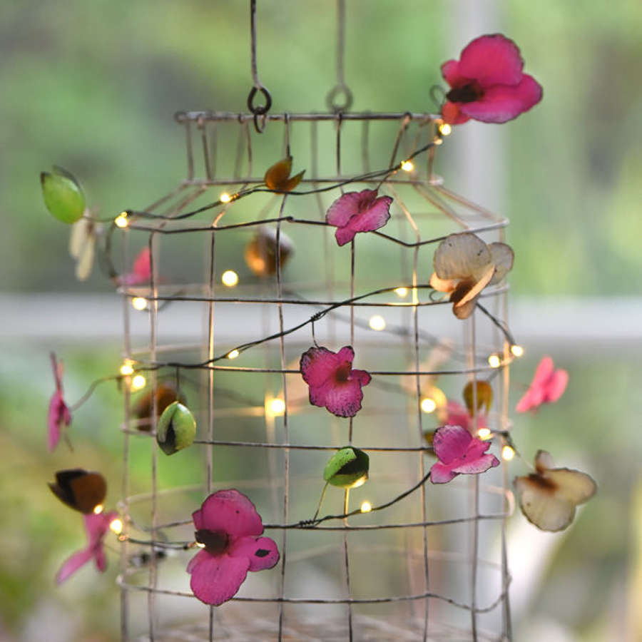 Orchid floral metal indoor/outdoor light string - battery powered