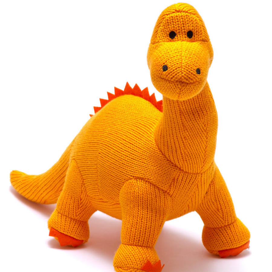 Large orange knitted diplodocus dinosaur soft toy