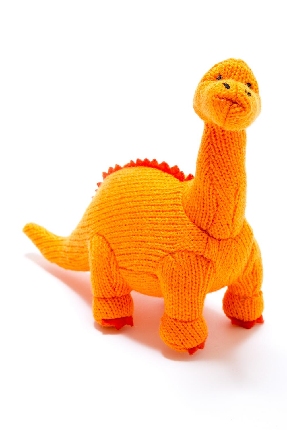 Medium orange knitted diplodocus dinosaur soft toy