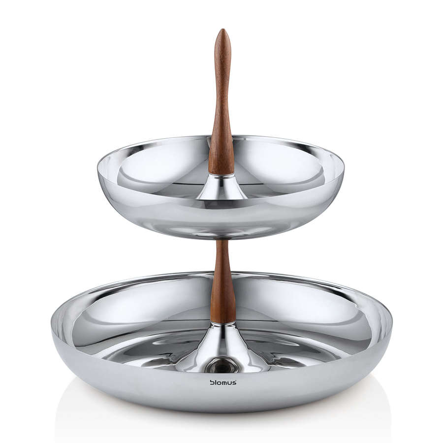 Two tier serving dishes - stainless steel with walnut handle