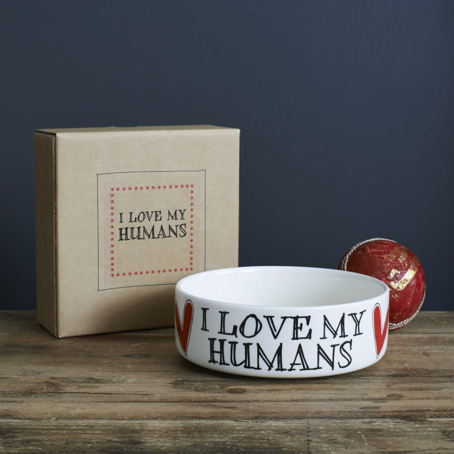 Small ceramic dog or cat bowl featuring - I Love My Humans