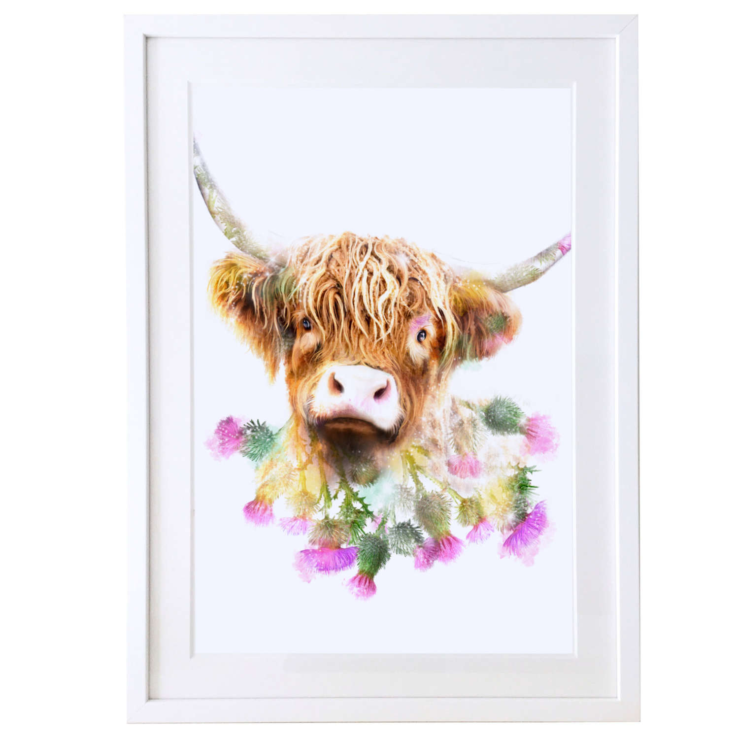 Highland cow print with white satin finish solid wood frame