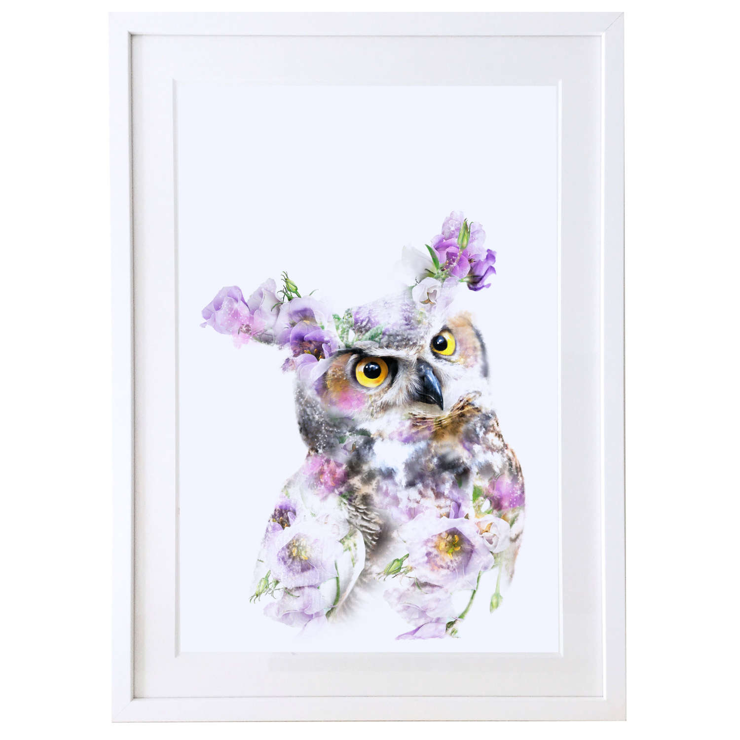 Great horned owl print with white satin finish solid wood frame