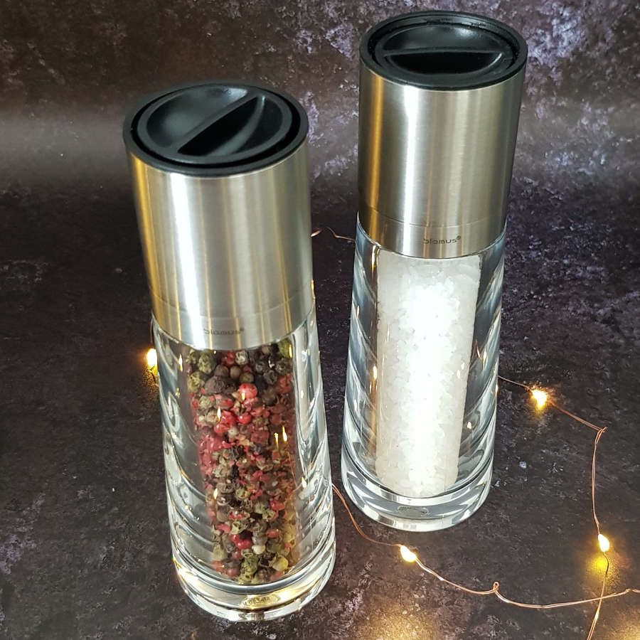 Individual salt / pepper mill - glass and stainless steel