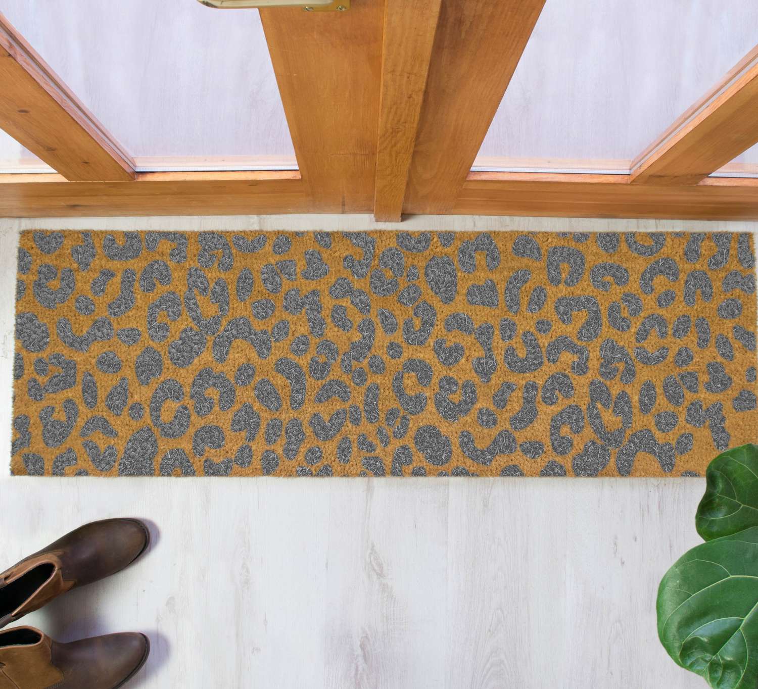 Grey leopard print design double size long patio doormat