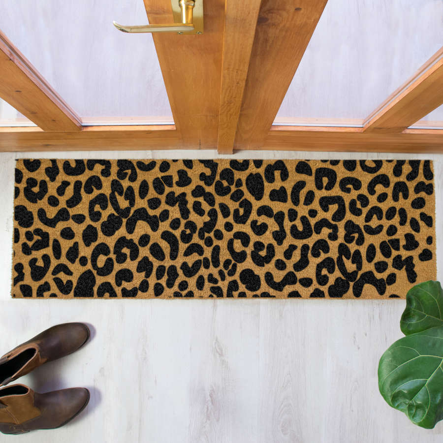 Black leopard print design double size long patio doormat