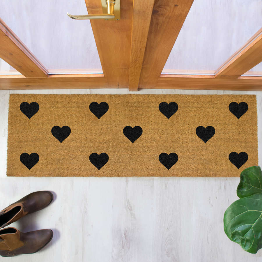 Black hearts design double size long patio doormat