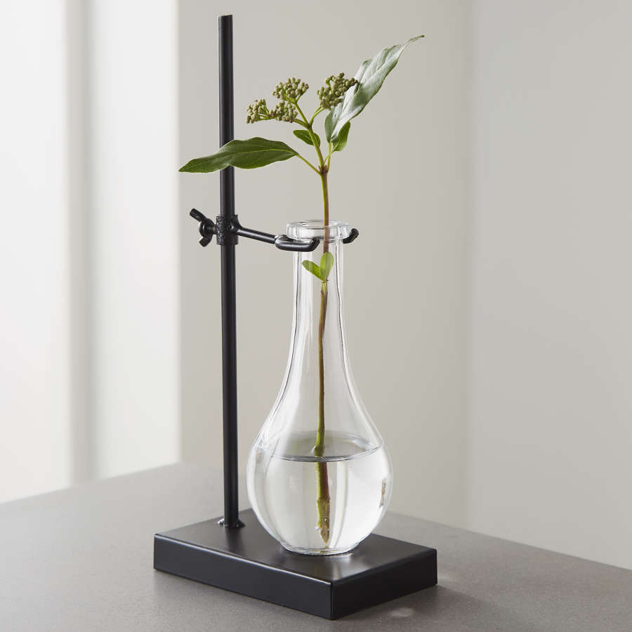 Lab flask glass vase on black metal stand