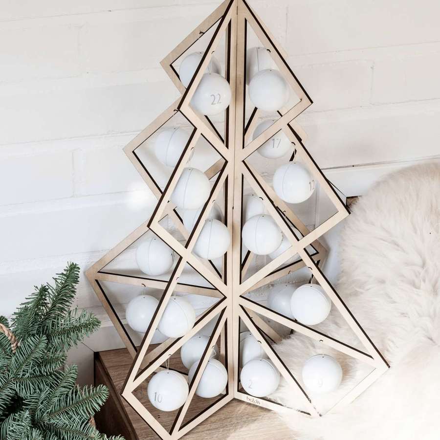 Advent calendar - reusable wooden tree/white metal ball decorations