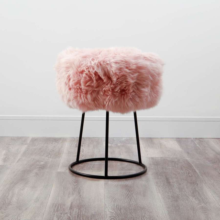 Pink New Zealand sheepskin metal stool