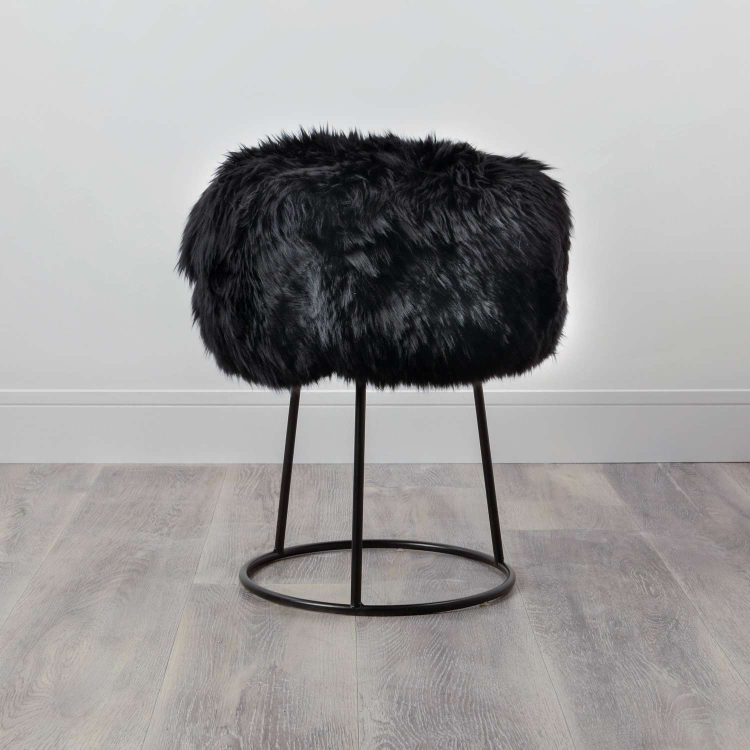Black New Zealand sheepskin metal stool
