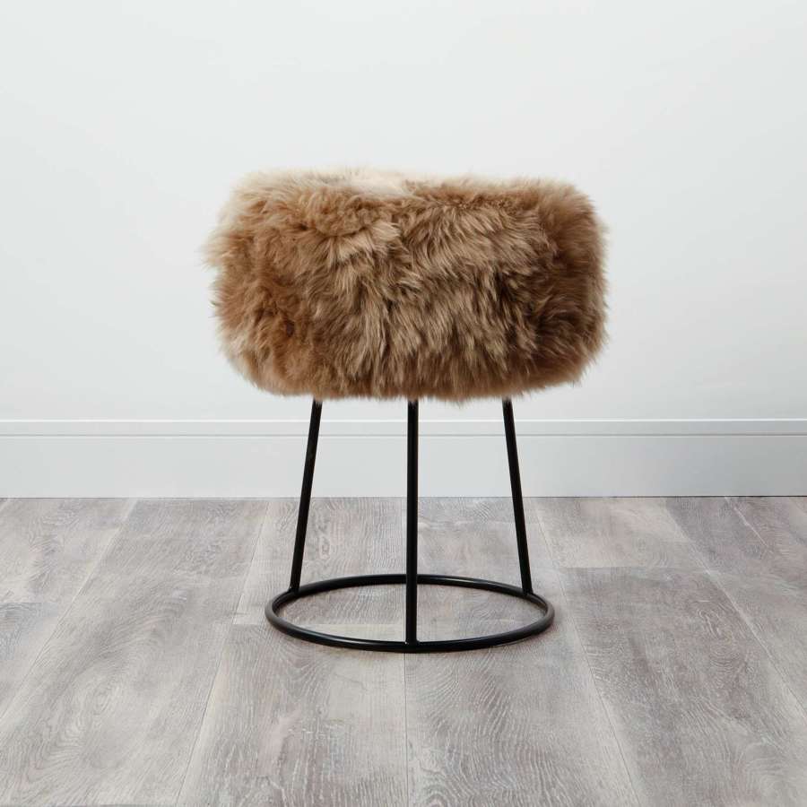 Light brown New Zealand sheepskin metal stool