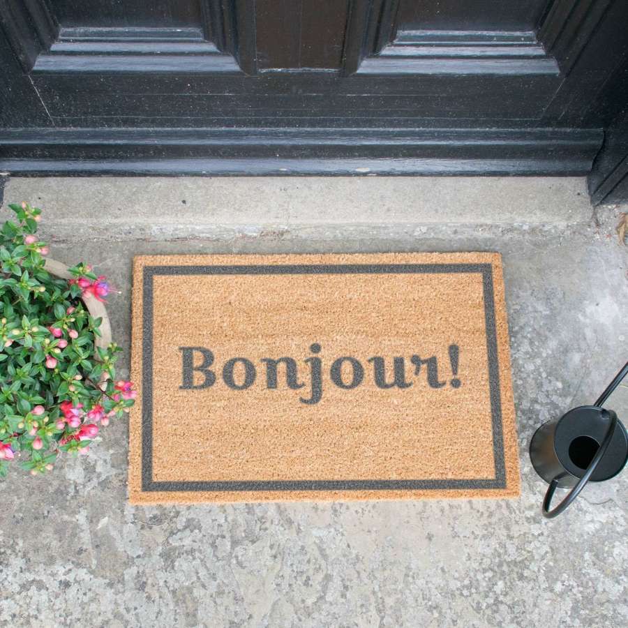 Grey Bonjour! with border design standard size doormat