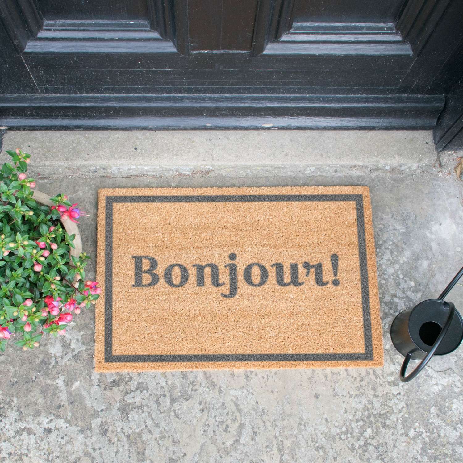 Grey Bonjour! with border design standard size doormat