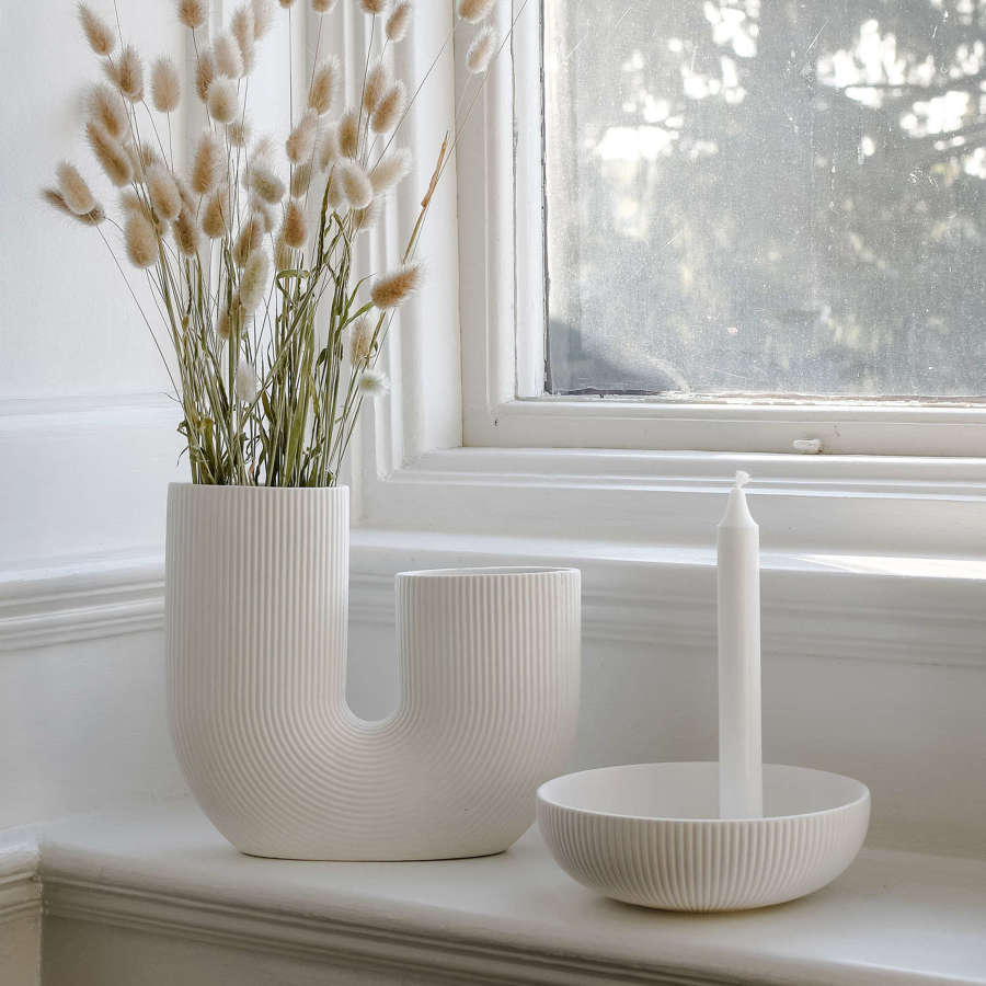 White ribbed double ceramic vase