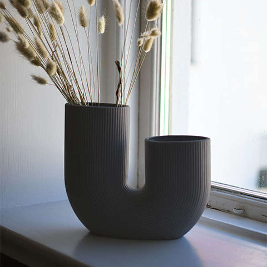Dark grey ribbed double ceramic vase