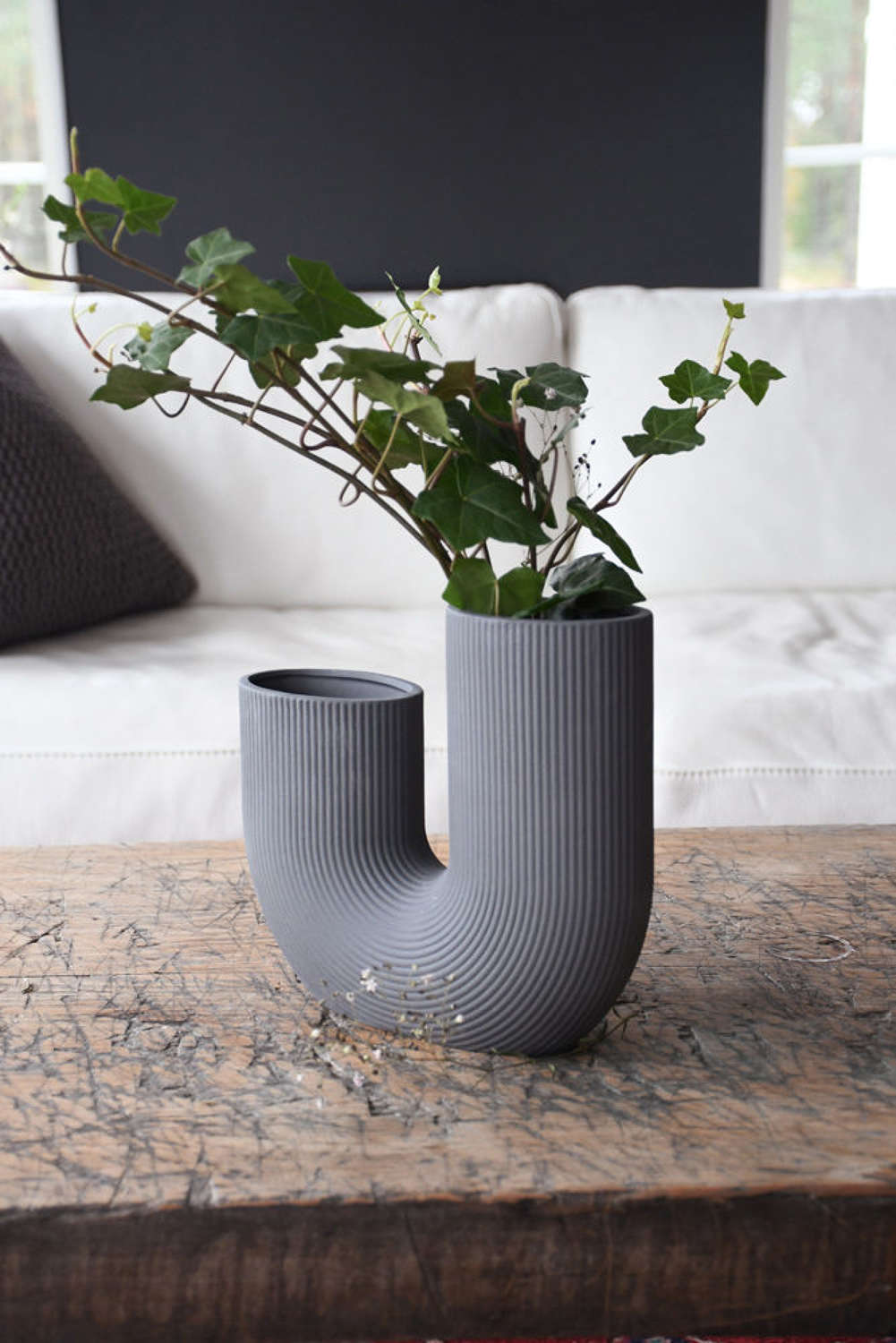 Light grey ribbed double ceramic vase