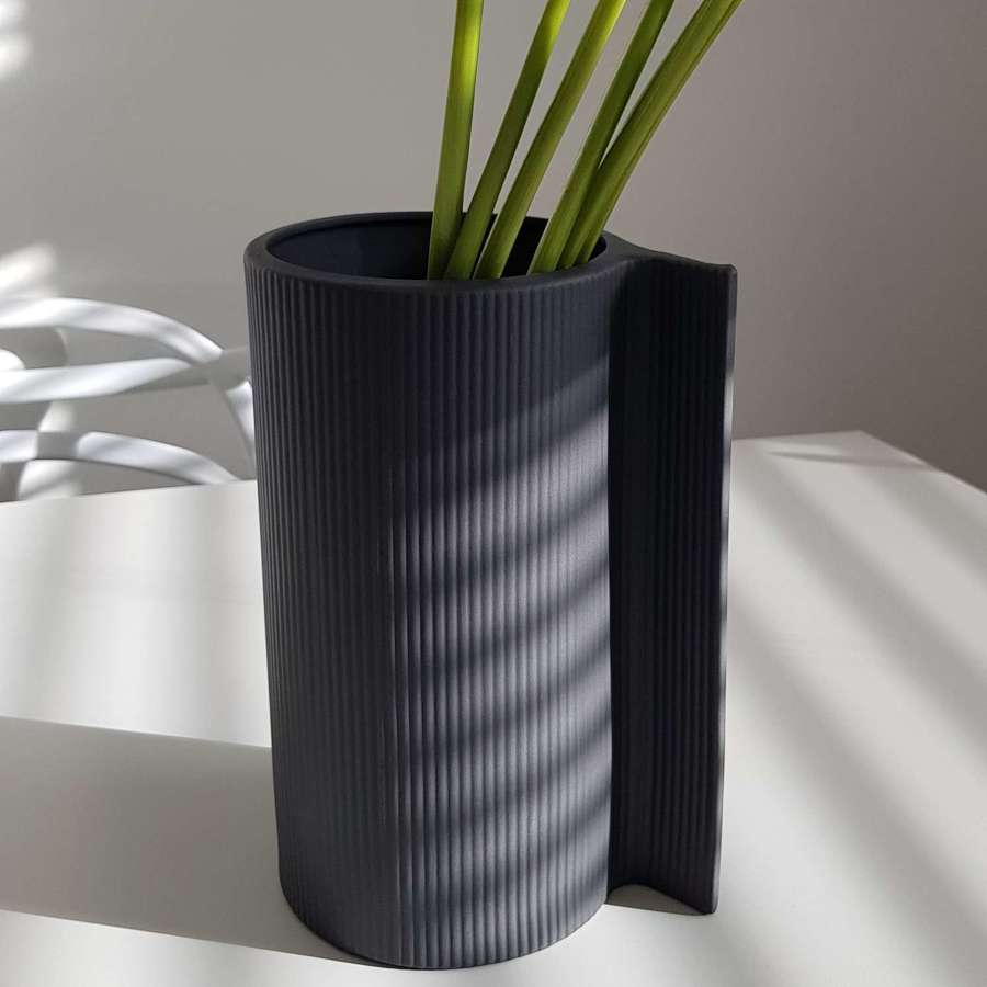 Dark grey ribbed matt ceramic vase