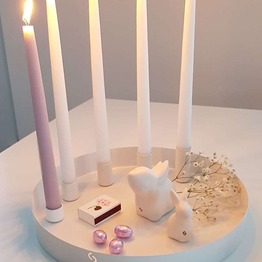 White metal candlestick bowl with magnetic candle holders