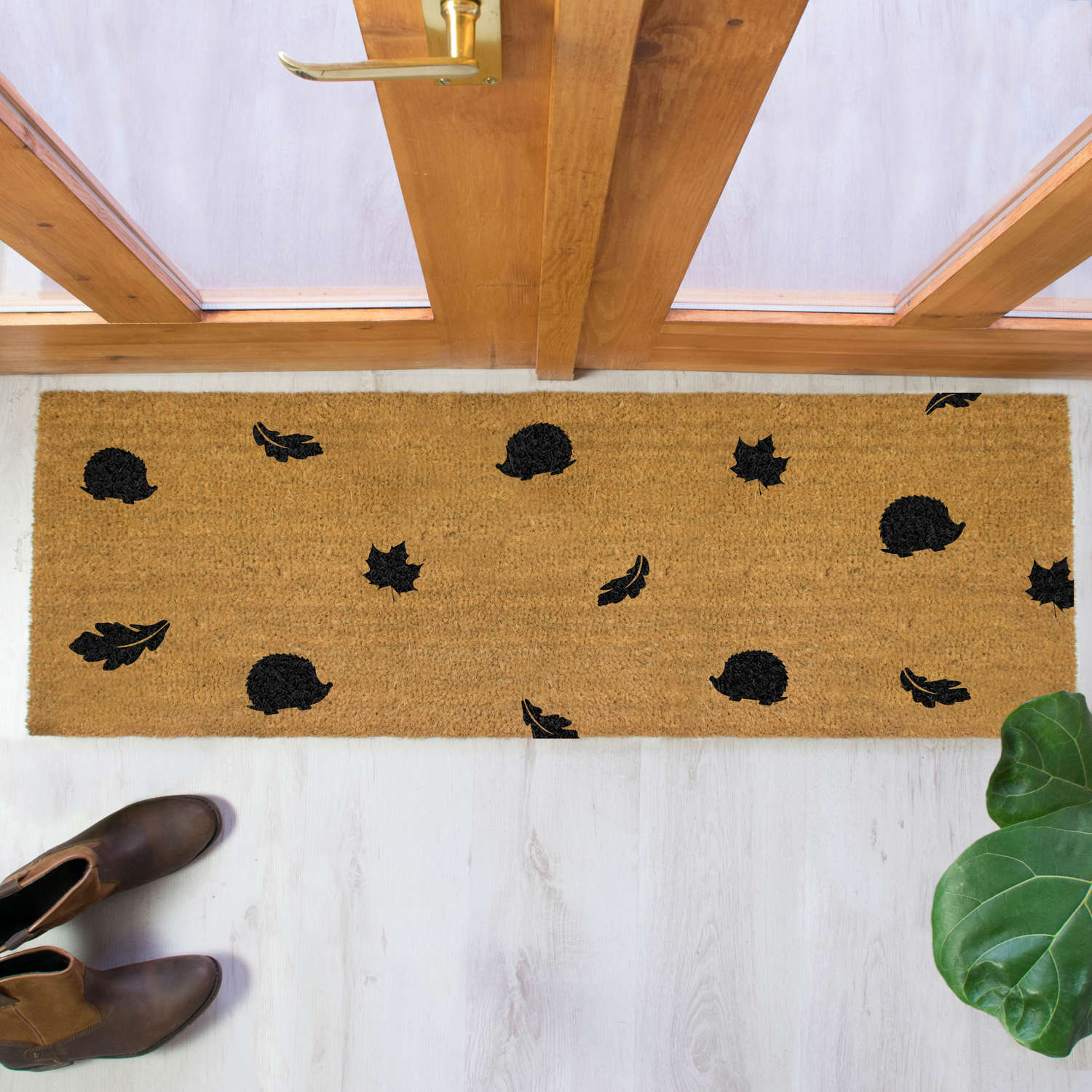 Hedgehog and leaf design double size long patio doormat