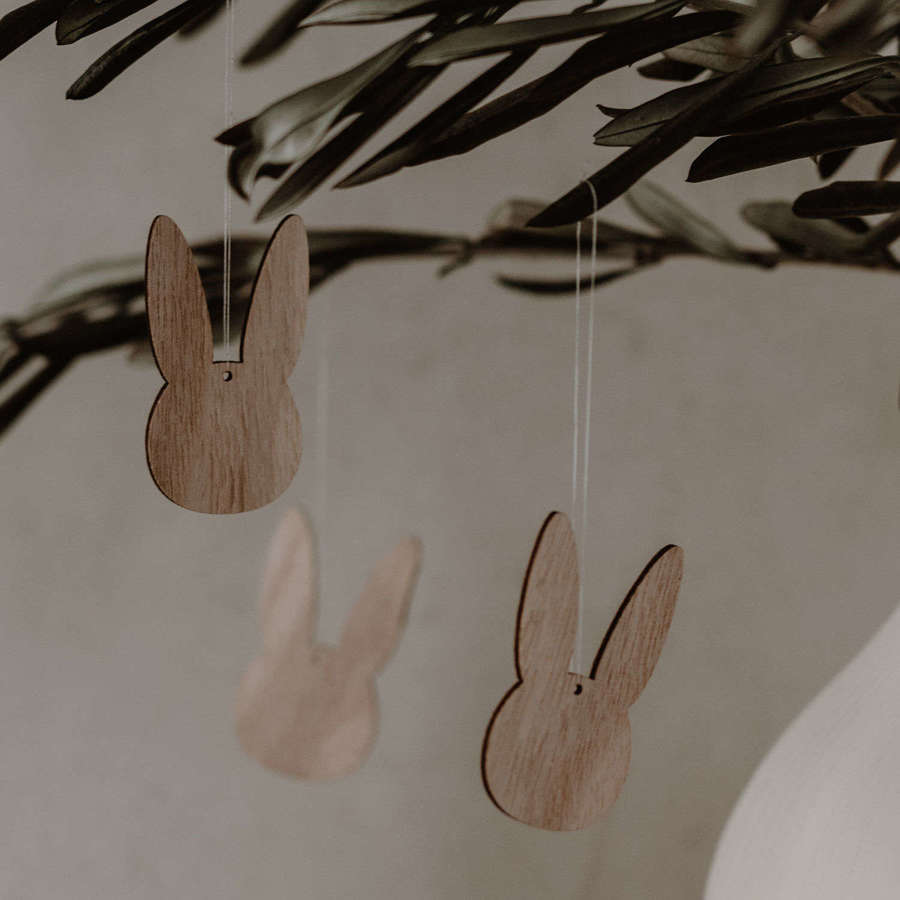 Set of 8 natural wooden hanging rabbit pendants